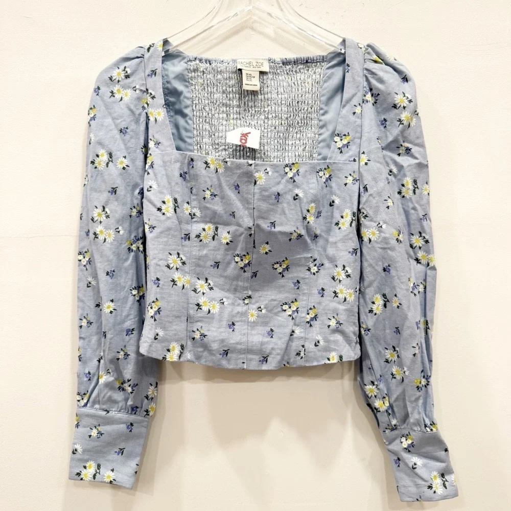 Rachel Zoe Square Neck Long Puff Sleeve Floral Top Linen Blend Smocked Back XS